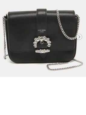 Jimmy Choo Black Pebbled Leather Chain Shoulder Bag with Jeweled Buckle